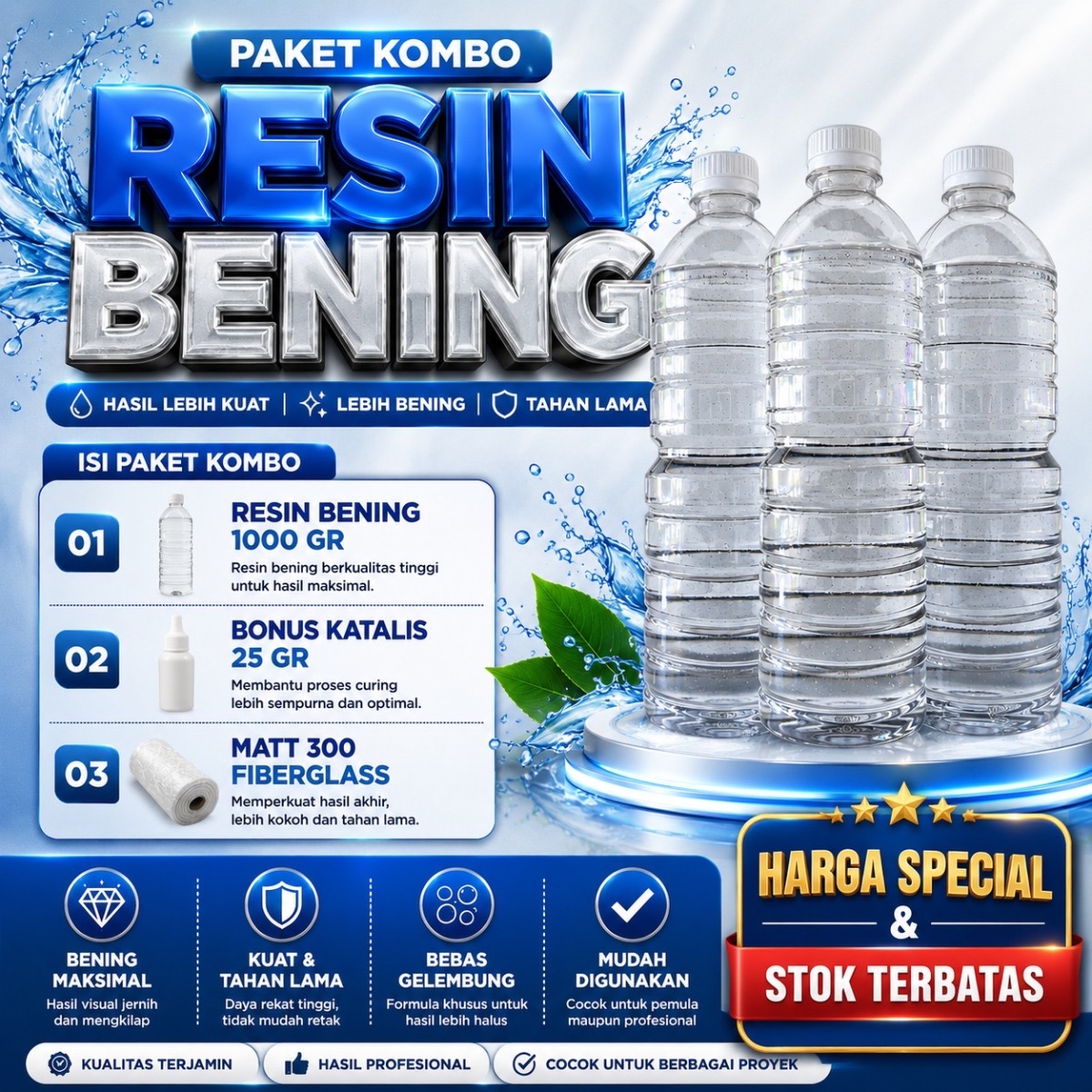 [Paket Kombo] Resin Bening 1000 gr bonus Katalis dan Matt300