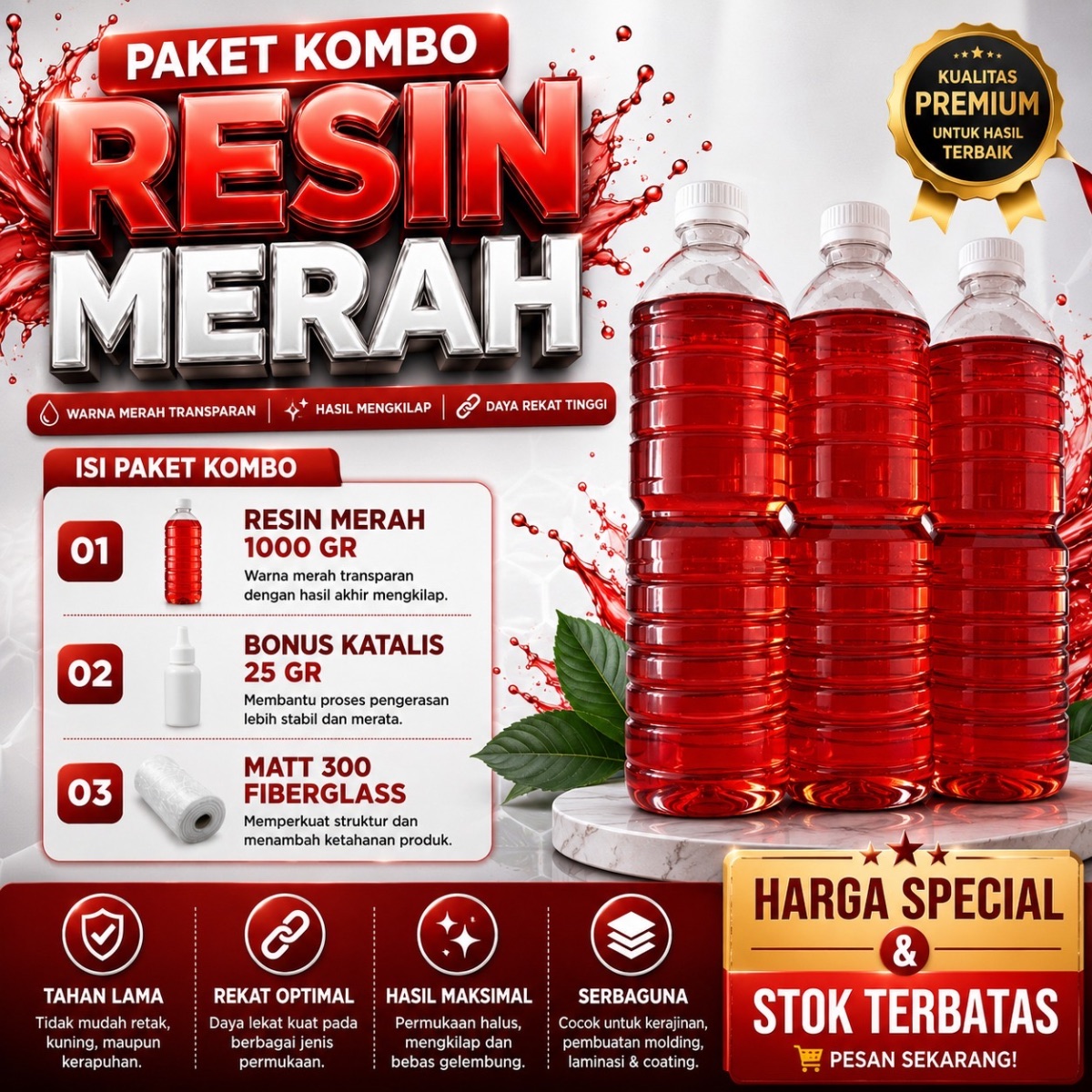 [Paket Kombo] Resin Merah 1000 gr bonus Katalis dan Matt300