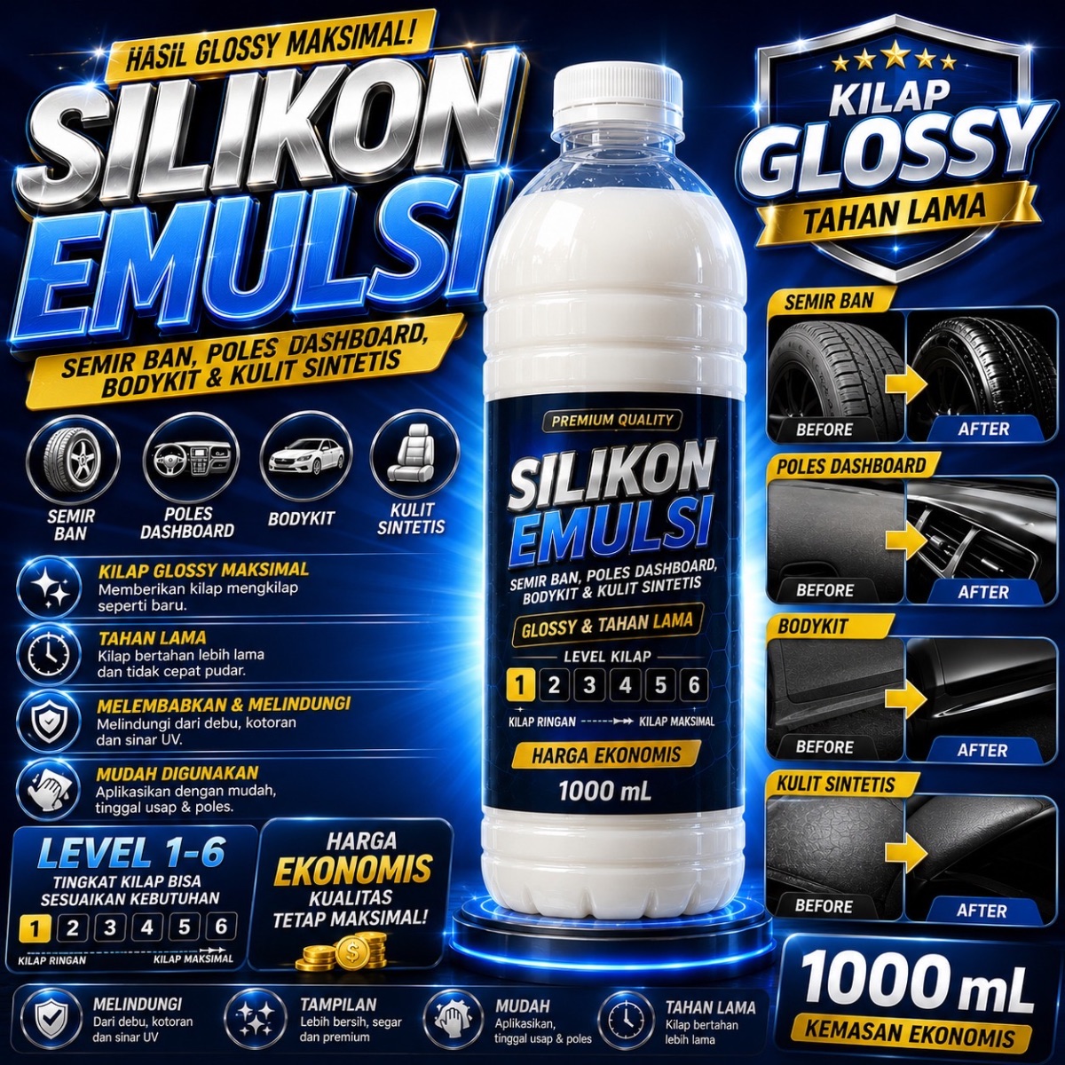 Silikon Emulsi Level 1 - 6 | Cairan Semir & Poles | Pengkilap Ban | Dashboard | Bodykit | Fiberglass | Kulit Sintetis